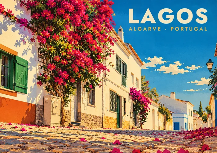 Vintage poster: bougainvillea on Rua Nova da Aldeia, Lagos